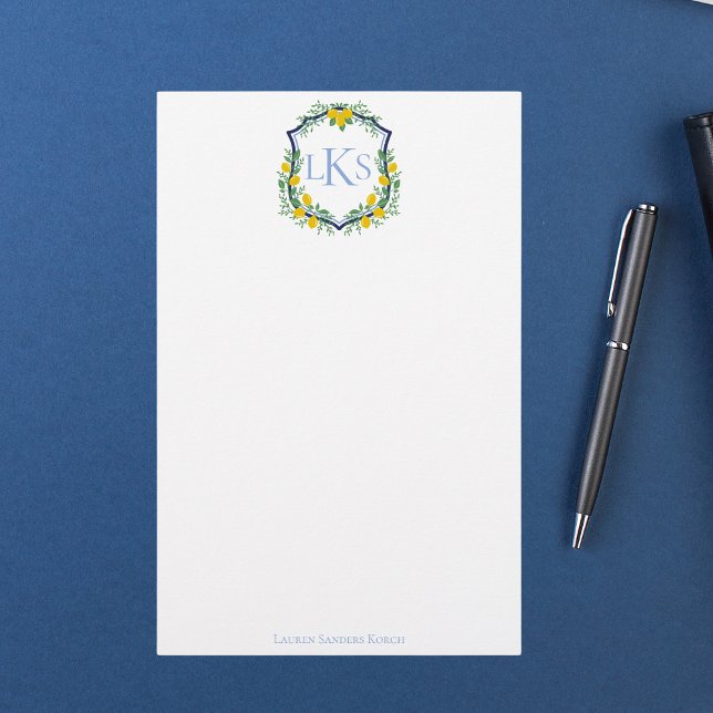 Monogram Lemon Crest, Blue and White Custom  Stationery (Creator Uploaded)