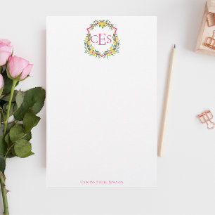 Monogram Lemon Crest, Pink & Orange Custom Stationery