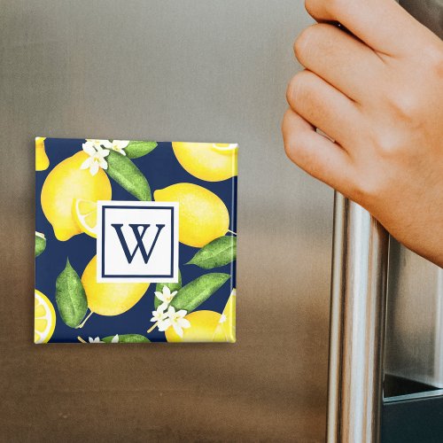 Monogram Lemon Fruit Navy Blue Magnet