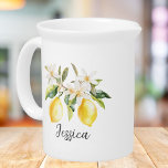 Monogram Lemon Fruits White Flowers Tree Branch Beverage Pitcher<br><div class="desc">Drink with style with our Monogram Lemon Fruits White Flowers Tree Branch pitcher. Featuring watercolor illustration of citrus lemon tree branch, suitable as gift for nature lovers.</div>