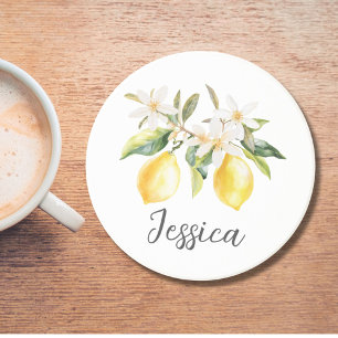 Monogram Lemon Fruits White Flowers Tree Branch Coaster