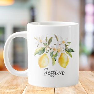 Monogram Lemon Fruits White Flowers Tree Branch Giant Coffee Mug