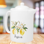 Monogram Lemon Fruits White Flowers Tree Branch Teapot<br><div class="desc">Drink with style with our Monogram Lemon Fruits White Flowers Tree Branch teapot. Featuring watercolor illustration of citrus lemon tree branch,  suitable as gift for nature lovers.</div>