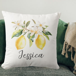 Monogram Lemon Fruits White Flowers Tree Branch Throw Pillow