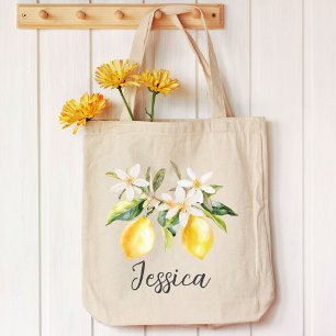 Monogram Lemon Fruits White Flowers Tree Branch Tote Bag