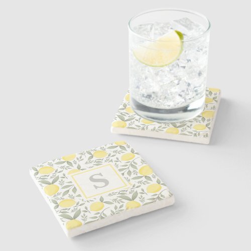 Monogram Lemon Pattern Stone Coaster