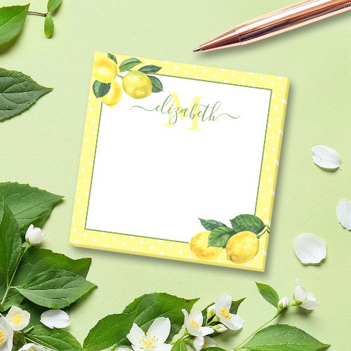 Monogram lemon rustic country watercolor polka dot post_it notes