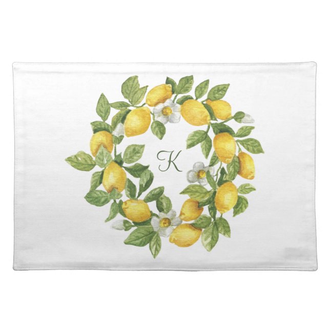 Monogram Lemon Wreath Leaves White Flowers  Cloth Placemat (Front)