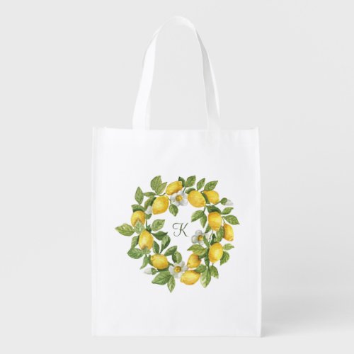 Monogram Lemon Wreath Leaves White Flowers   Grocery Bag