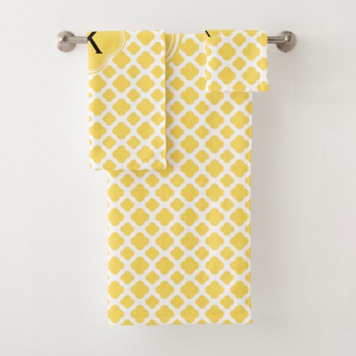 Monogram Lemon Yellow And White Quatrefoil Pattern Bath Towel Set Zazzle