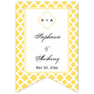 Monogram Lemon Yellow and White Quatrefoil Pattern Bunting Flags