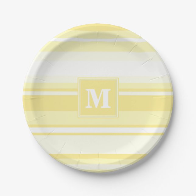 Monogram lemon yellow stripes paper plates (Front)