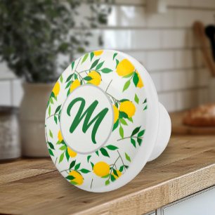 Monogram Lemons and Leaves Pattern Ceramic Knob