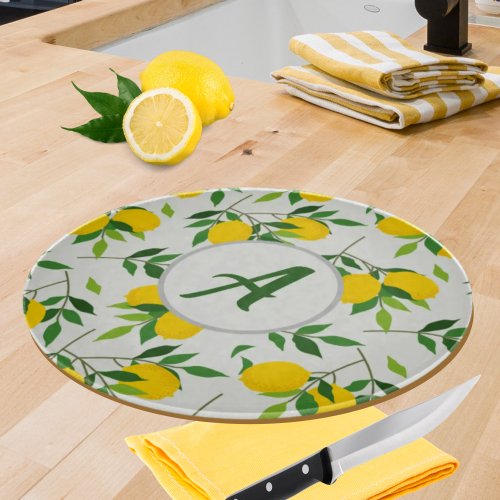 Monogram Lemons and Leaves Pattern  Cutting Board