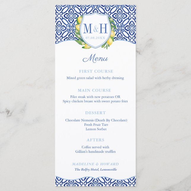 Monogram Lemons Blue Tiles Wedding Shower Party Menu (Front)