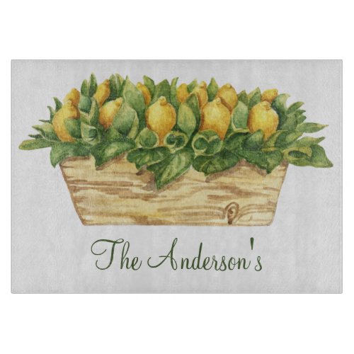 Monogram Lemons in a Basket Green Leaves Country Cutting Board