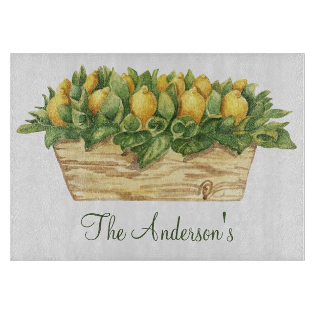 Monogram Lemons in a Basket Green Leaves Country Cutting Board (Front)