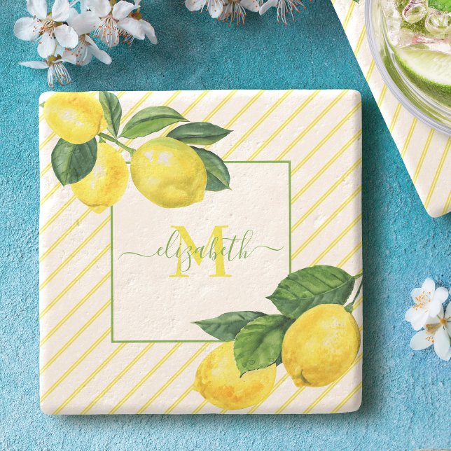 Monogram lemons watercolor stripes rustic country stone coaster (Creator Uploaded)
