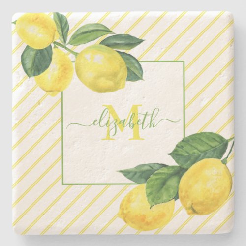 Monogram lemons watercolor stripes rustic country stone coaster