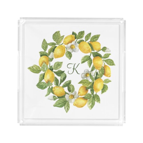 Monogram Lemons Wreath Green Yellow  Acrylic Tray