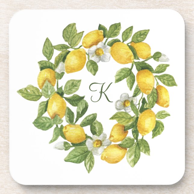 Monogram Lemons Wreath Green Yellow  Beverage Coaster (Front)