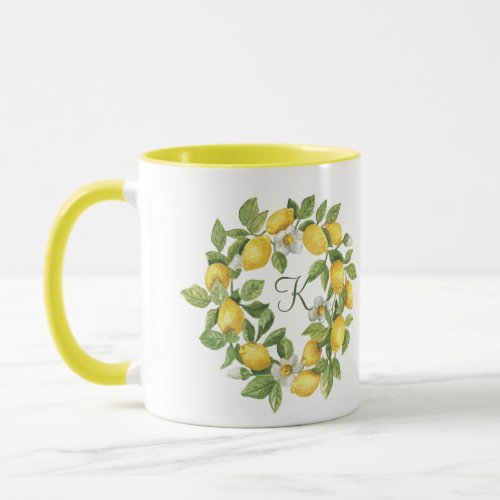 Monogram Lemons Wreath Green Yellow   Mug