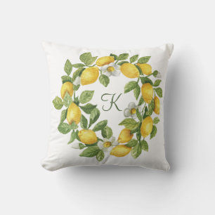 Monogram Lemons Wreath Green Yellow Throw Pillow