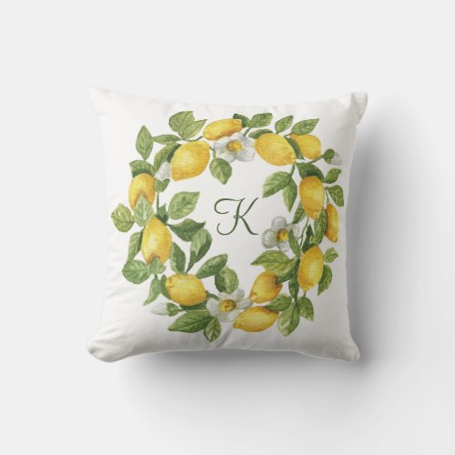 Monogram Lemons Wreath Green Yellow Throw Pillow
