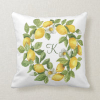 Monogram Lemons Wreath Green Yellow Throw Pillow