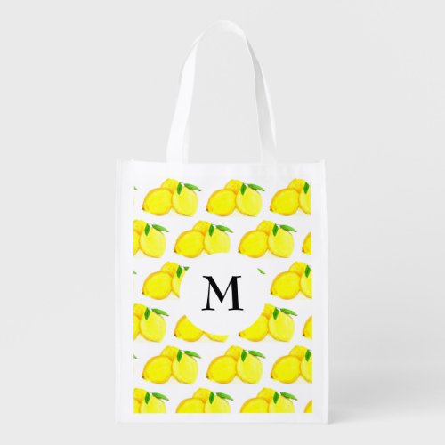 Monogram Lemons Yellow Fruit Pattern Watercolor Grocery Bag