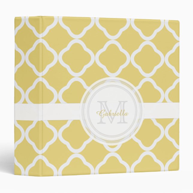 Monogram Lemony Yellow and White Quatrefoil Binder (Front/Spine)