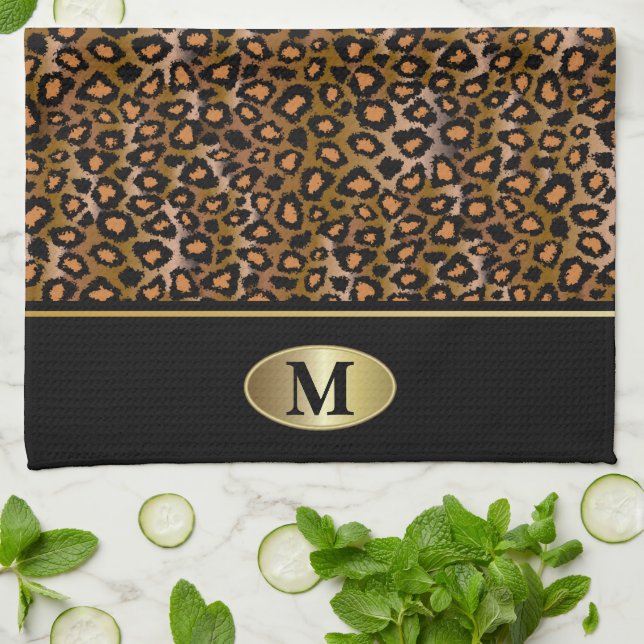 Monogram Leopard Animal Pattern Kitchen Towel (Folded)