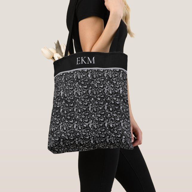  Monogram Leopard Animal Print Black Silver Gray Tote Bag (Close Up)