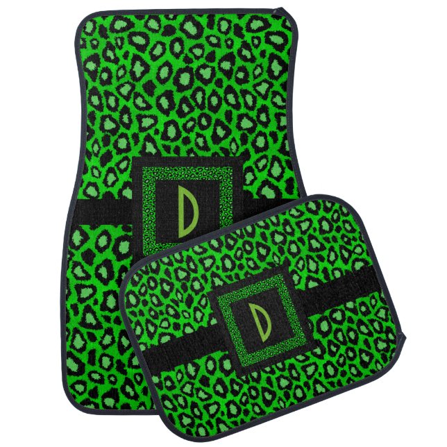 Monogram Leopard Animal Print Pattern | Lime Green Car Mat (Set)