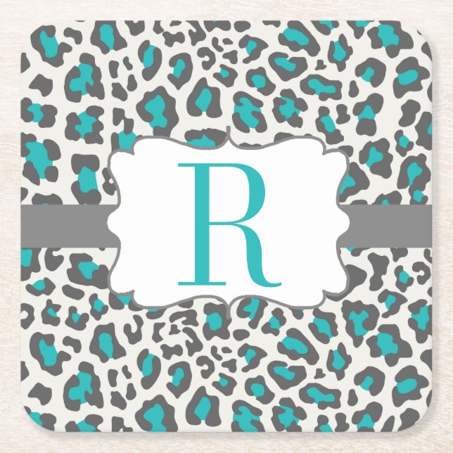 Monogram Leopard Aqua Gray White Paper Coaster (Front)