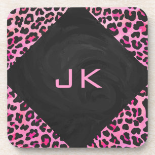 Monogram Leopard Black and Hot Pink Print Beverage Coaster