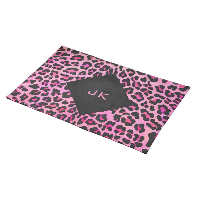Monogram Leopard Black and Hot Pink Print Cloth Placemat (On Table)