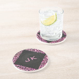 Monogram Leopard Black and Hot Pink Print Drink Coaster