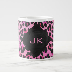 Monogram Leopard Black and Hot Pink Print Large Coffee Mug