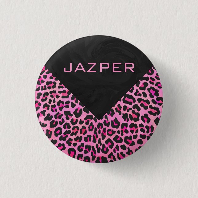 Monogram Leopard Black and Hot Pink Print Pinback Button (Front)