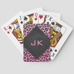Monogram Leopard Black and Hot Pink Print Poker Cards