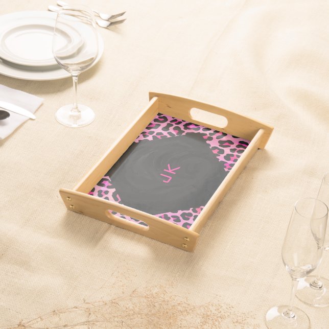 Monogram Leopard Black and Hot Pink Print Serving Tray (Front)