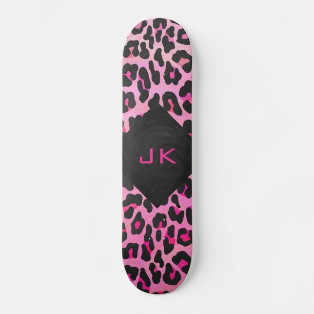 Monogram Leopard Black and Hot Pink Print Skateboard Deck (Front)