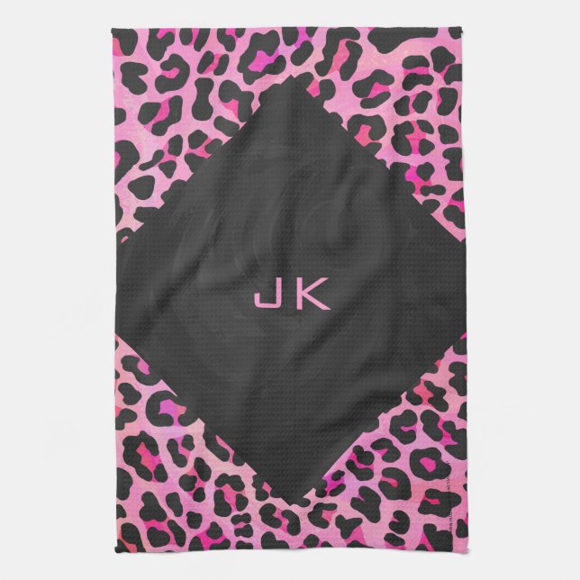 Monogram Leopard Black and Hot Pink Print Towel (Vertical)