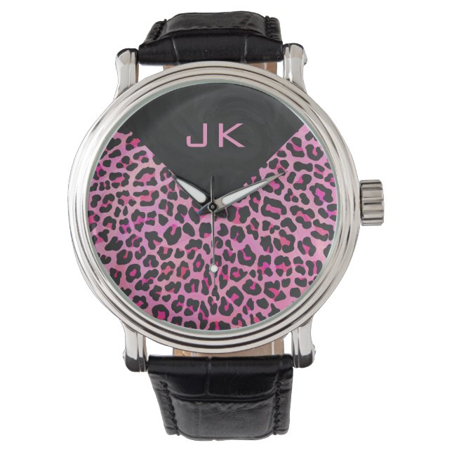 Monogram Leopard Black and Hot Pink Print Watch (Front)