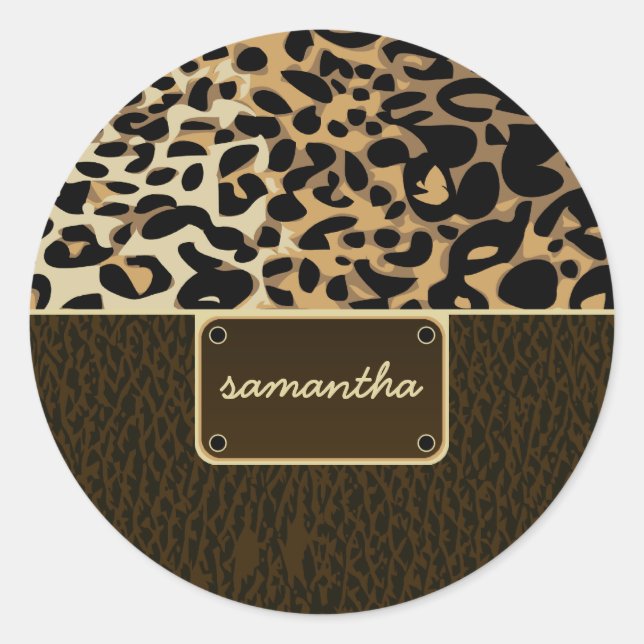 Monogram Leopard Leather Pattern Classic Round Sticker (Front)