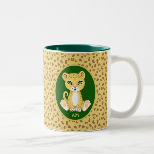 Monogram  Leopard on Green Brown  Golden Beige Two_Tone Coffee Mug