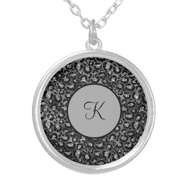 Monogram Leopard Print Black Silver Gray Trendy Plated Necklace (Front)