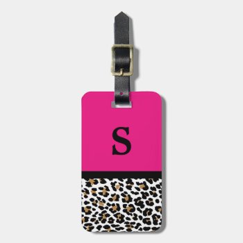 Monogram Leopard Print Hot Pink Accent Luggage Tag by theburlapfrog at Zazzle