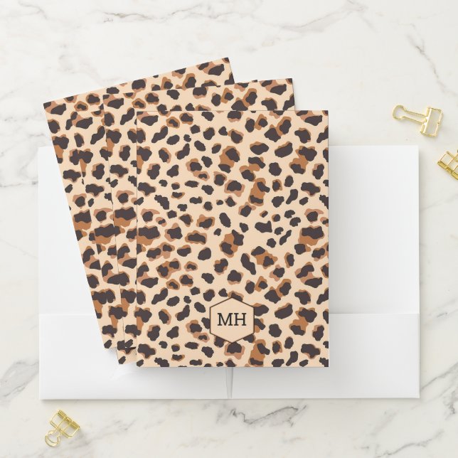 Monogram Leopard Print Modern Brown Black Animal Pocket Folder (In Situ)